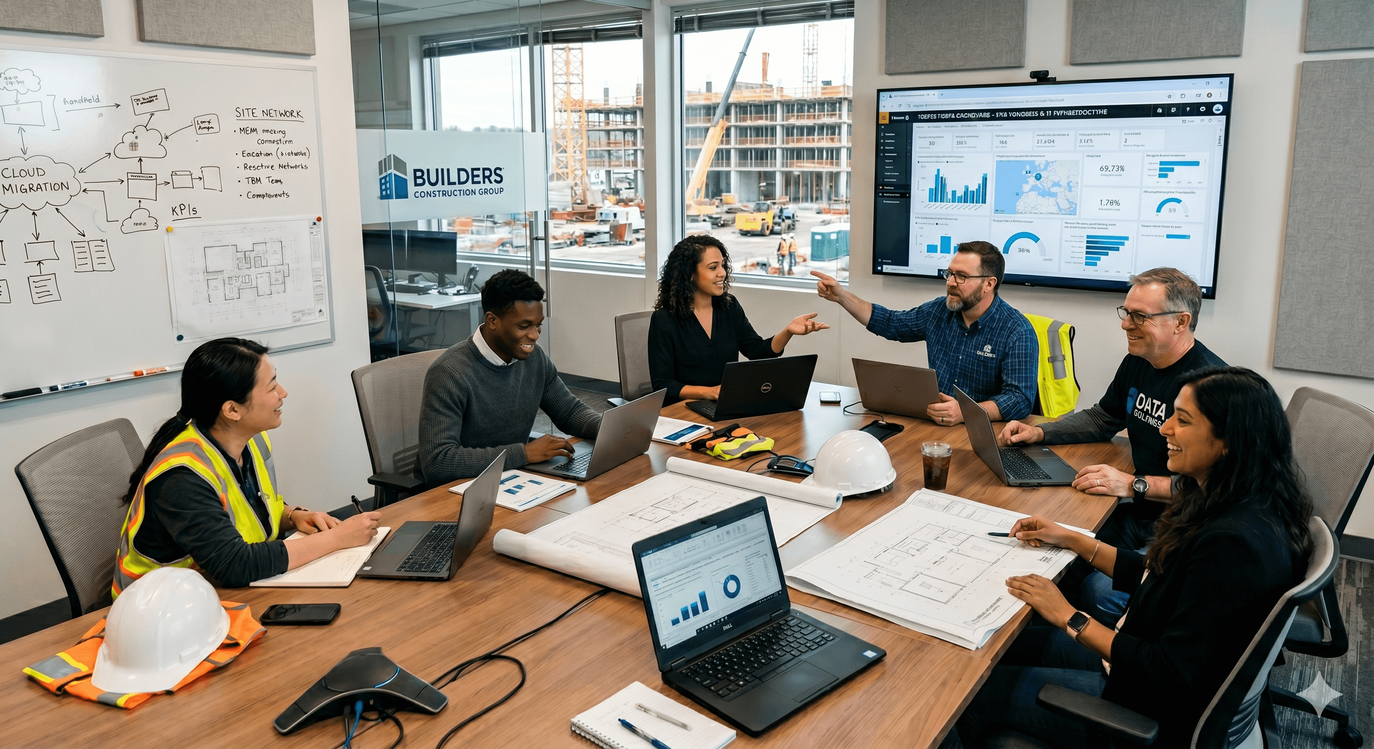 Construction data team meeting with blueprints, laptops, and dashboards