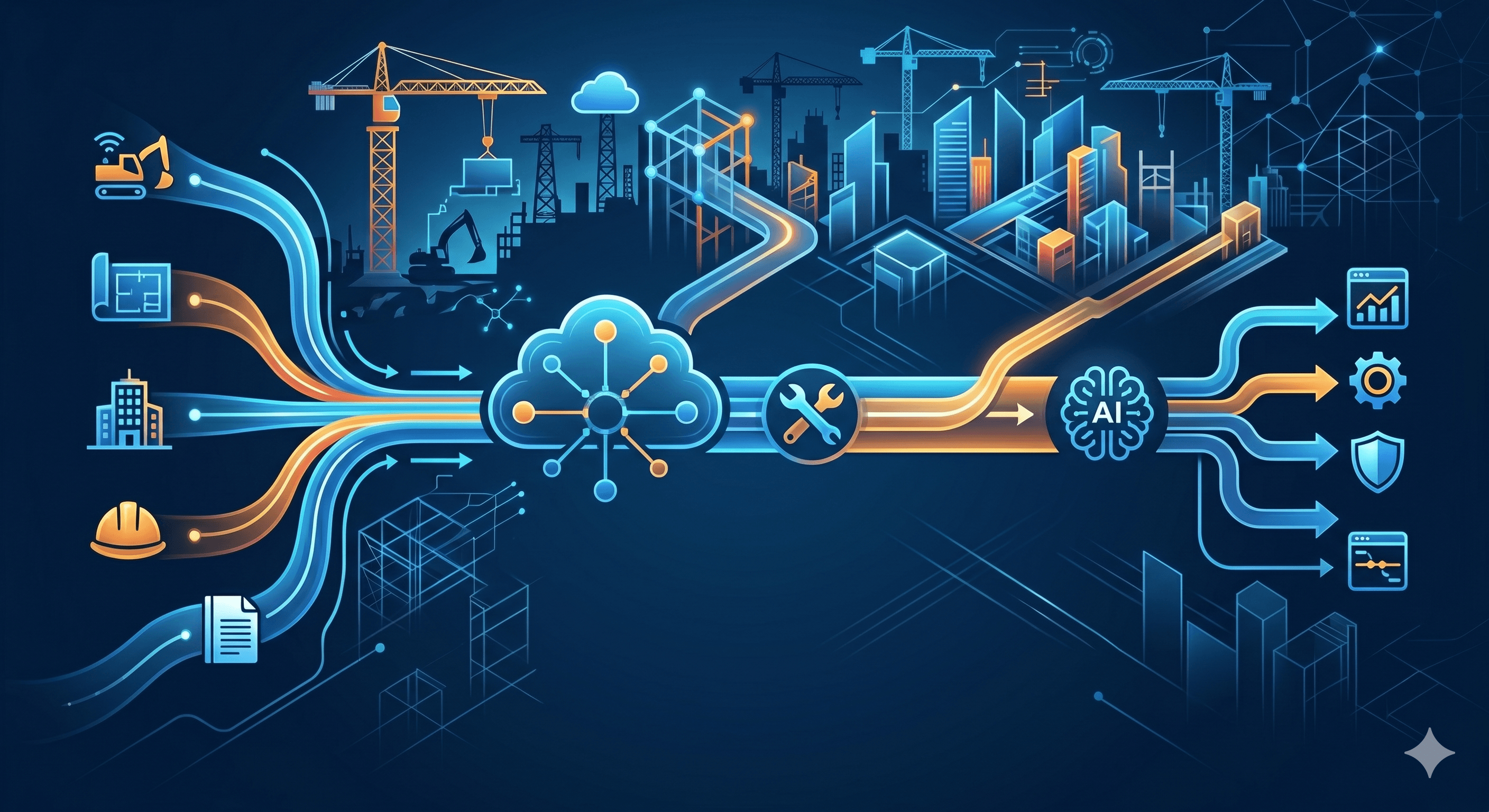 Illustration of construction data flowing from field systems through cloud processing to analytics and AI