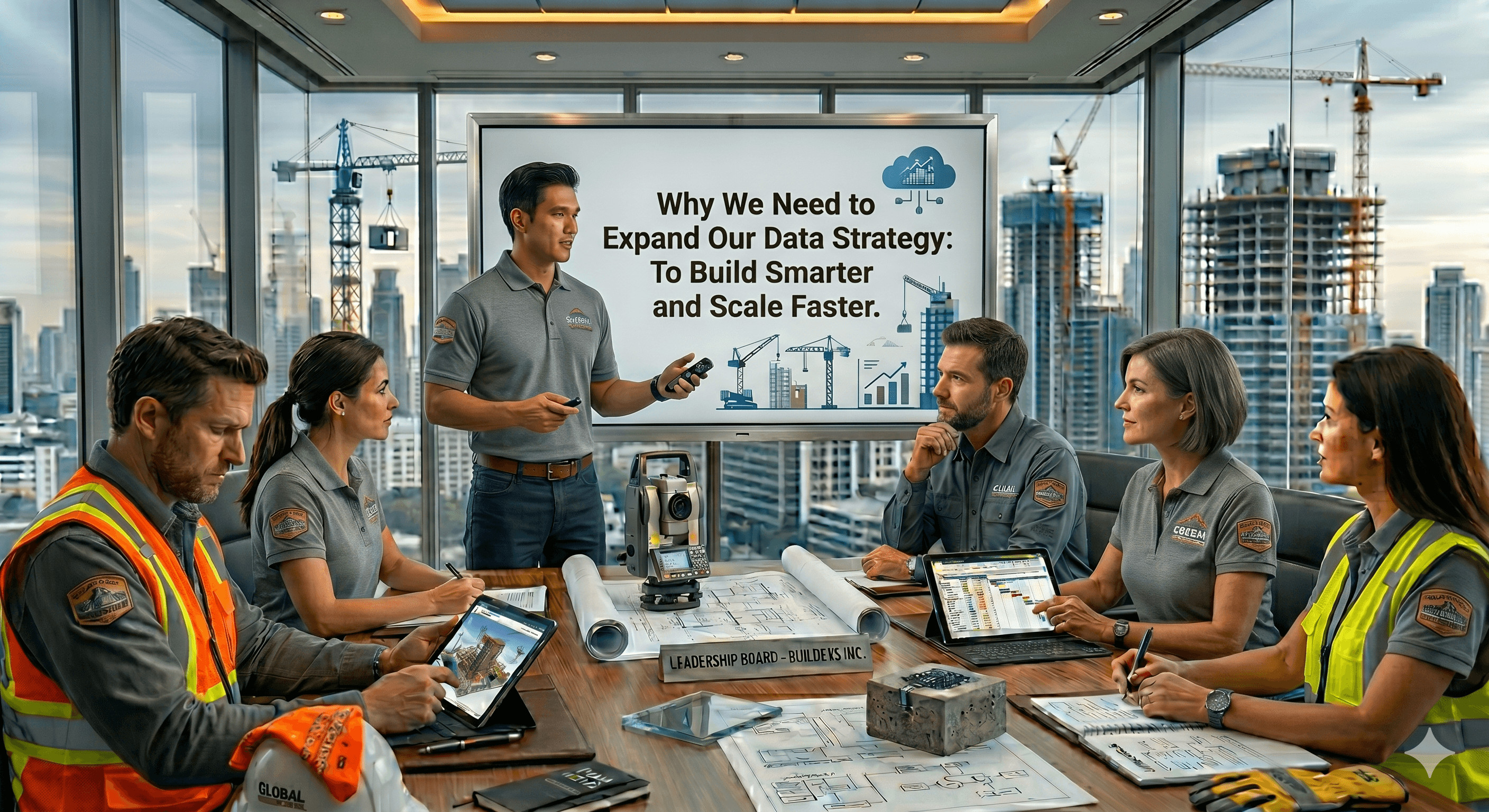 Leadership team reviewing a data strategy presentation in a construction firm conference room