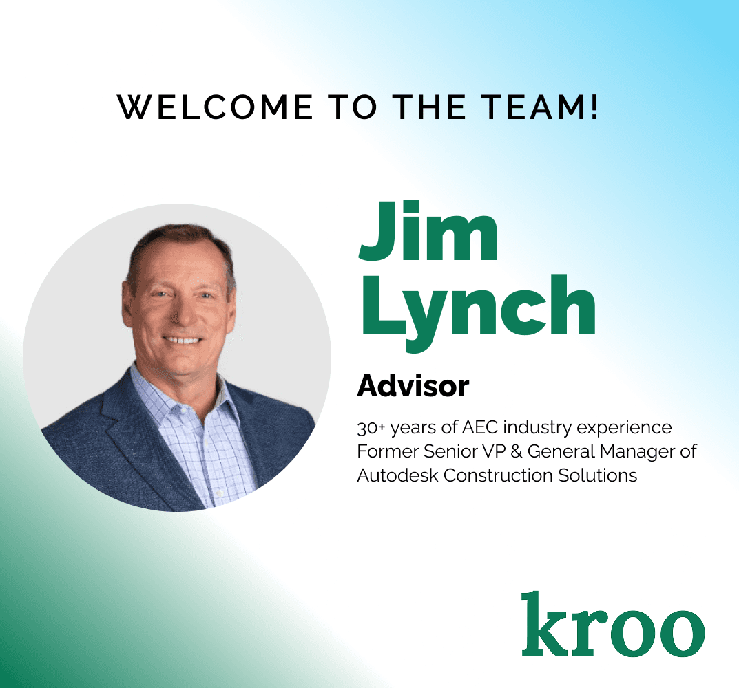 Welcome graphic announcing Jim Lynch joining Kroo as an advisor with his headshot and Autodesk Construction Solutions background