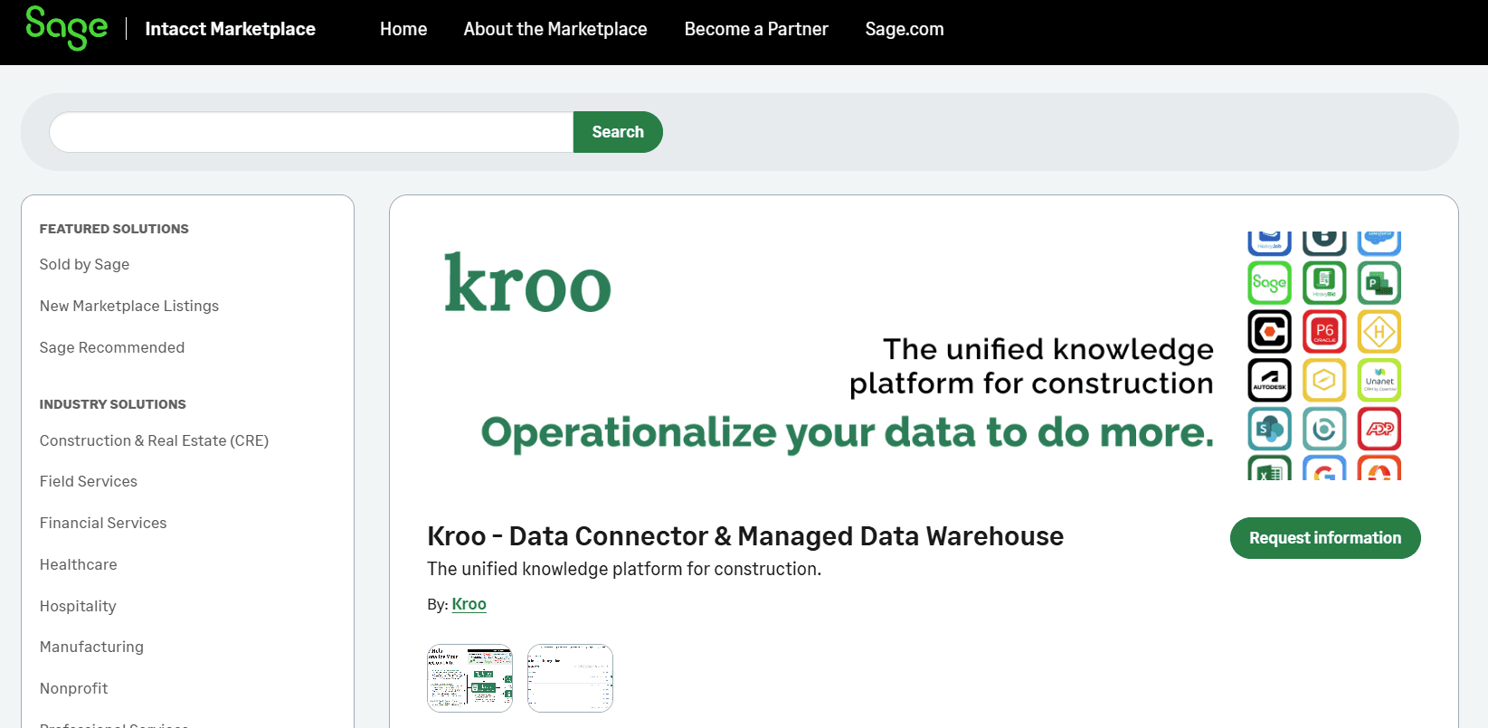 Kroo listing on the Sage Intacct Marketplace for data connector and managed data warehouse integration